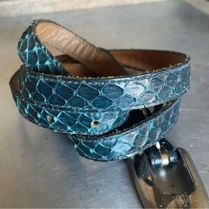 Vintage Teal Snakeskin Belt Narrow with Silver Metal Belt Buckle Size Medium